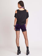 purple velvet bike shorts with black lace trim