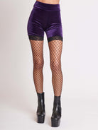 purple velvet bike shorts with black lace trim