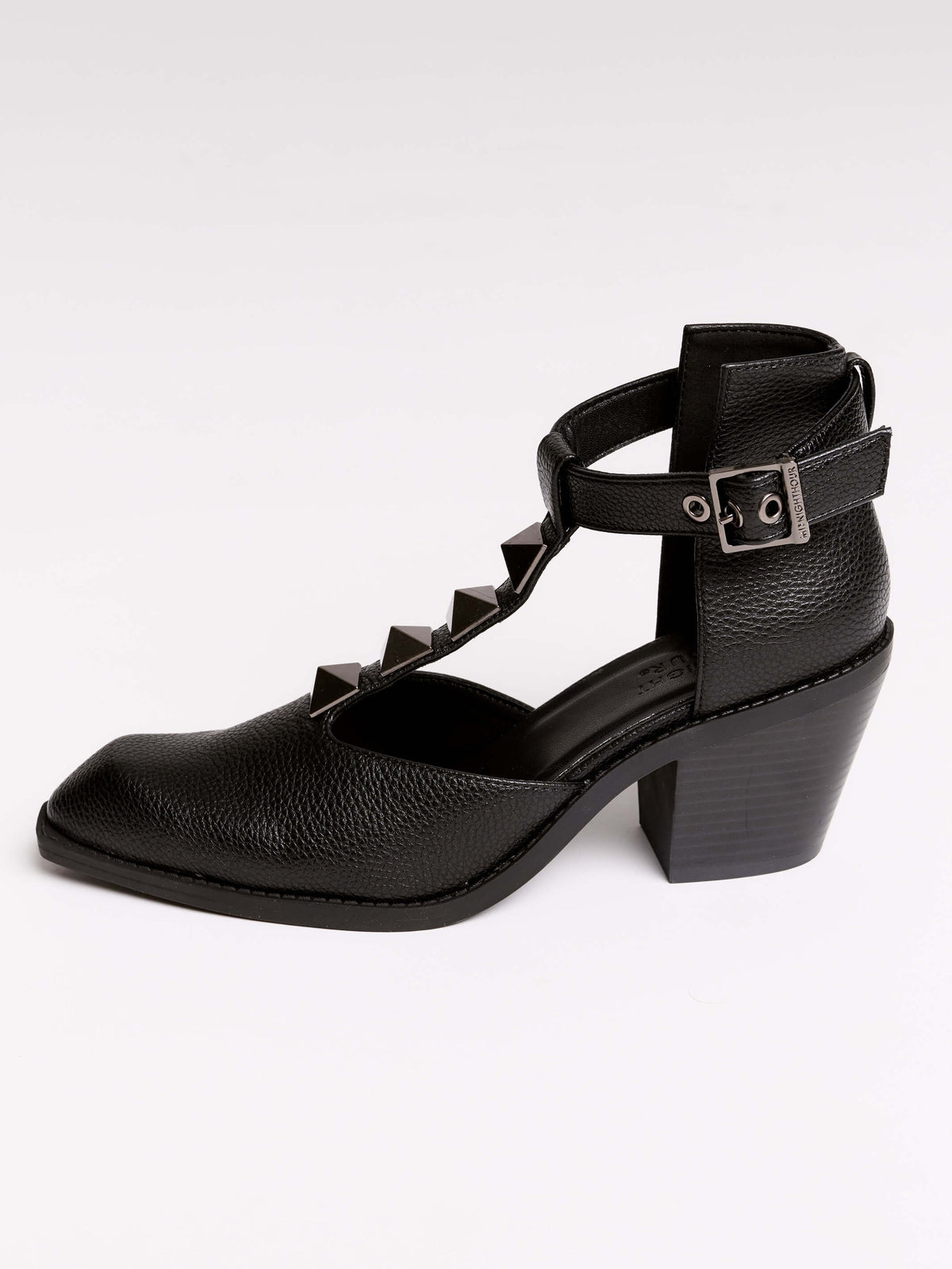 A pair of black leather ankle-strap block-heel shoes with pointed toes and silver pyramid stud embellishments.