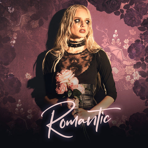 Woman holding flowers with a floral background and the word 'Romantic'.