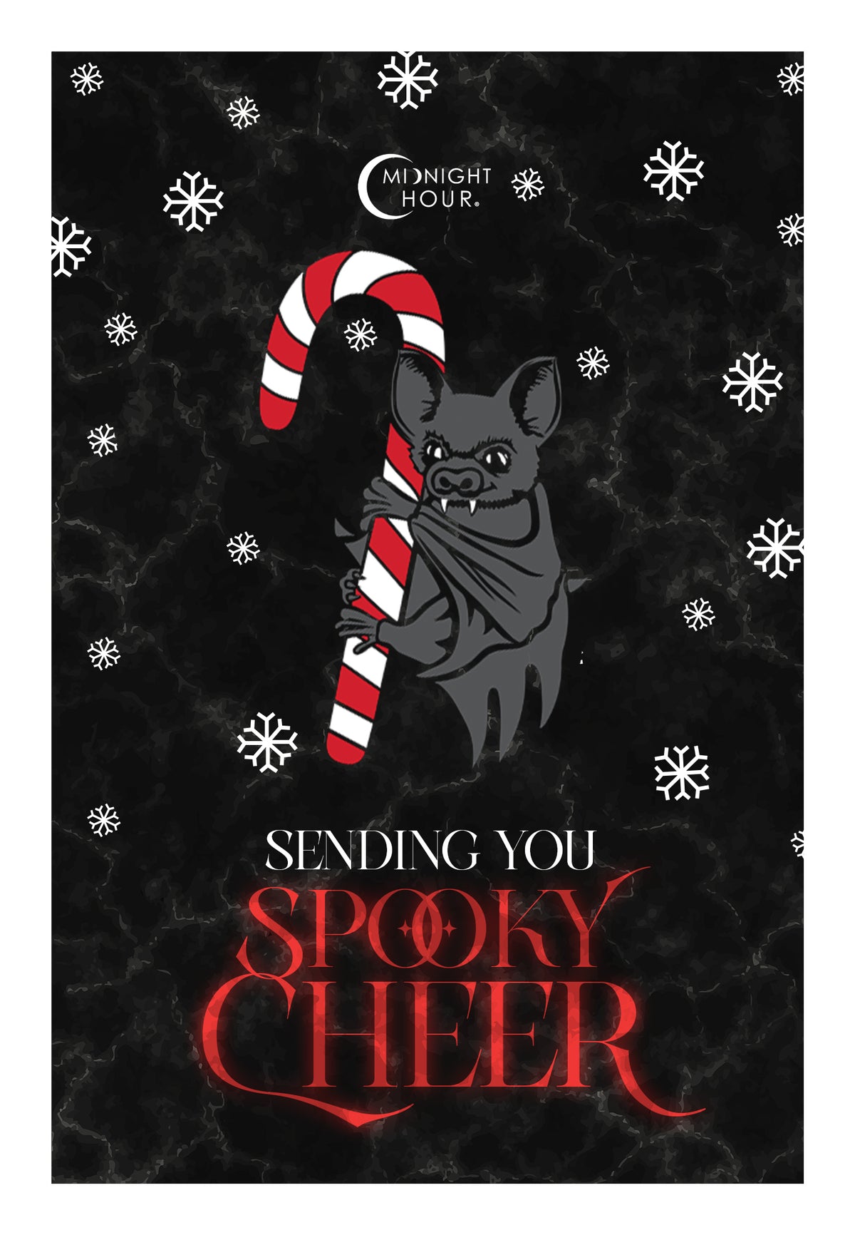 A Halloween-themed greeting card design featuring a black bat holding a red and white candy cane against a black marbled background with white snowflakes. The text reads 'Midnight Hour' at the top and 'Sending You Spooky Cheer' at the bottom in red and white lettering.