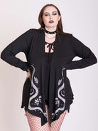 Black cardigan with snake skeleton art.