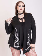 Black cardigan with snake skeleton art.