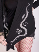 Black cardigan with snake skeleton art.