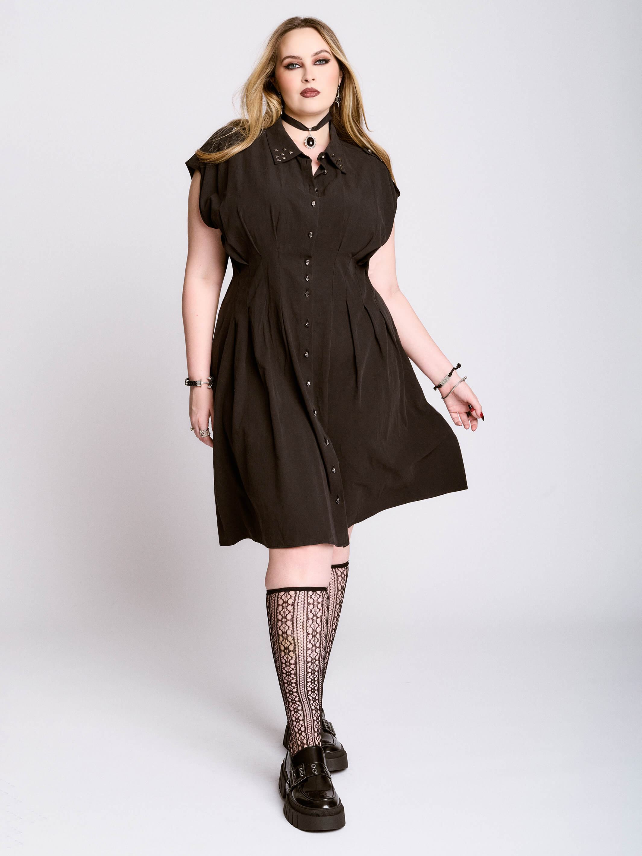 STUDDED SKULL BUTTON DRESS