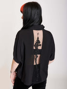 black button up shirt with embroidered back mesh panel,