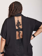 black button up shirt with embroidered back mesh panel,