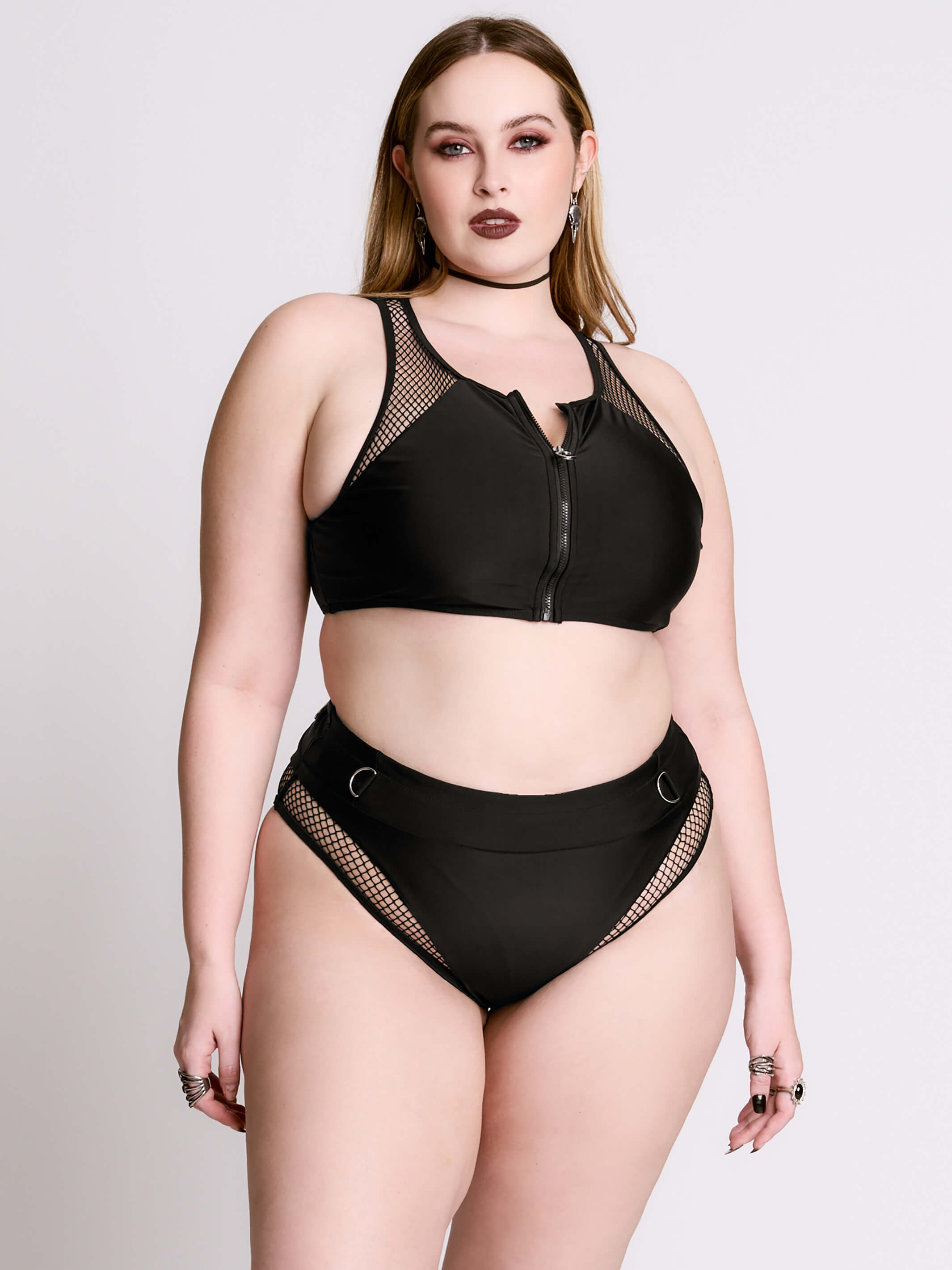 Zip Up Fishnet Swim Top