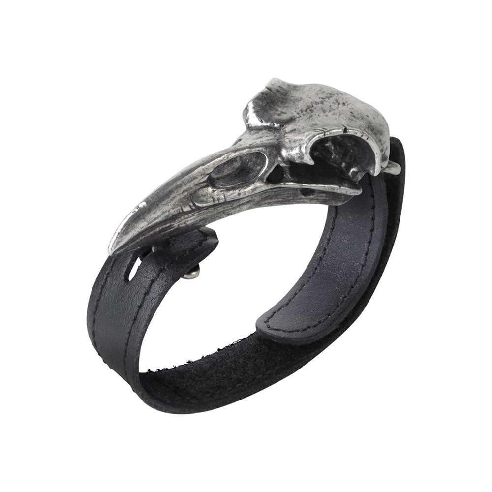 Black leather Wrist Strap  with a metal Raven Skull clasp