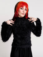 black fuzzy faux-fur mock-neck sweater