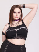 BLACK BRALETTE WITH LACE STRAPS AND BARBED WIRE GRAPHIC ACROSS FRONT