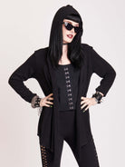 Super soft and supple lightweight hooded sweater cardigan, with embroidered moon phase back detail.