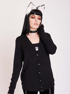 Black Cardigan with skull buttons and center back fringe detail