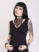 Black tank top with emboidered mesh detail