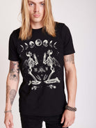 black t-shirt with moon phase and skeleton print.