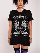 black t-shirt with moon phase and skeleton print.